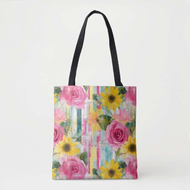 Rosa Ros Solros Teal Sommar Blommig Tygkasse (Framsida)