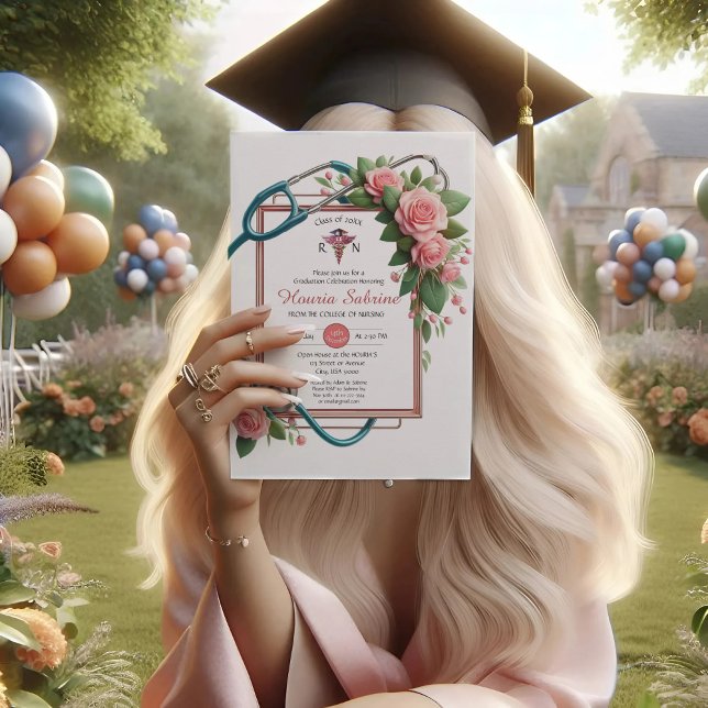 Rosa ros Stethoscope Nurse Studenten inbjudan (Skapare uppladdad)