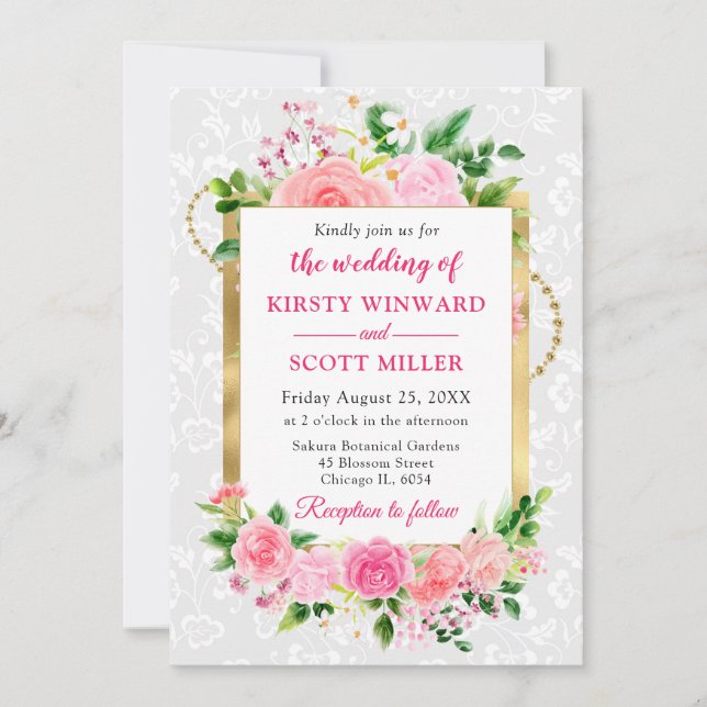 Rosa ros Summer Flowers Gold Foil Bröllop Inbjudningar (Framsida)