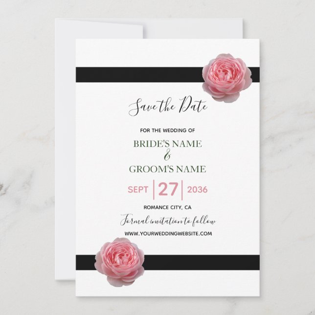 Rosa Ros Svart Band Bröllop Spara Datum Datumet (Framsida)