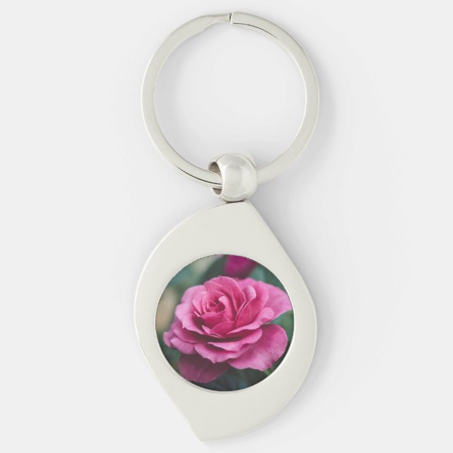 Rosa ros swirl silverfärgad nyckelring (Framsidan)
