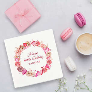 Rosa ros Swirly Heart Valentine 100-årsdagen Pappersservett