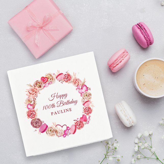 Rosa ros Swirly Heart Valentine 100-årsdagen Pappersservett (Skapare uppladdad)