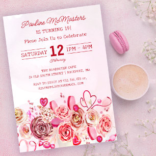 Rosa ros Swirly Heart Valentine 18:e födelsedagen Inbjudningar