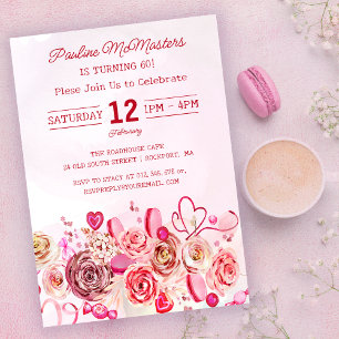 Rosa ros Swirly Heart Valentine 60:e födelsedagen Inbjudningar