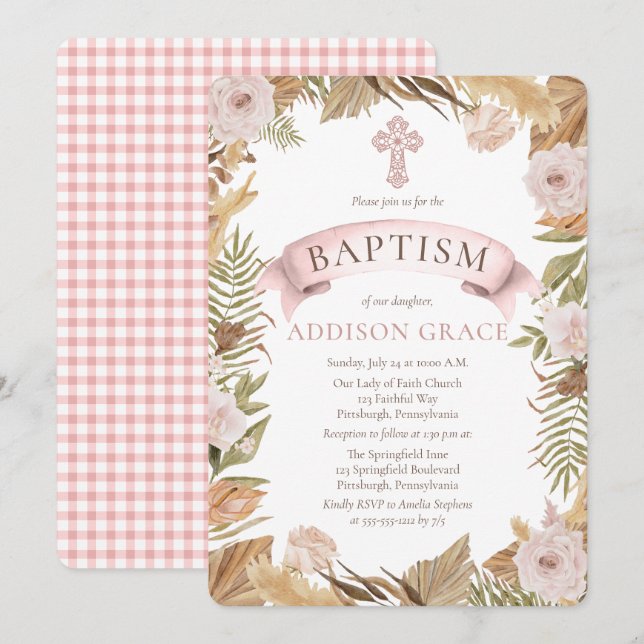 Rosa ros | Torkade Floror Girl Baptism Inbjudningar (Fram/baksida)