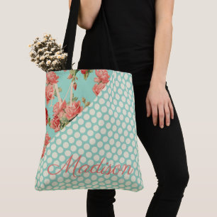 Rosa ros Trendig Grönt Dots Girly Namn Monogram Tygkasse
