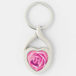 Rosa ros tryck twisted heart silverfärgad nyckelring