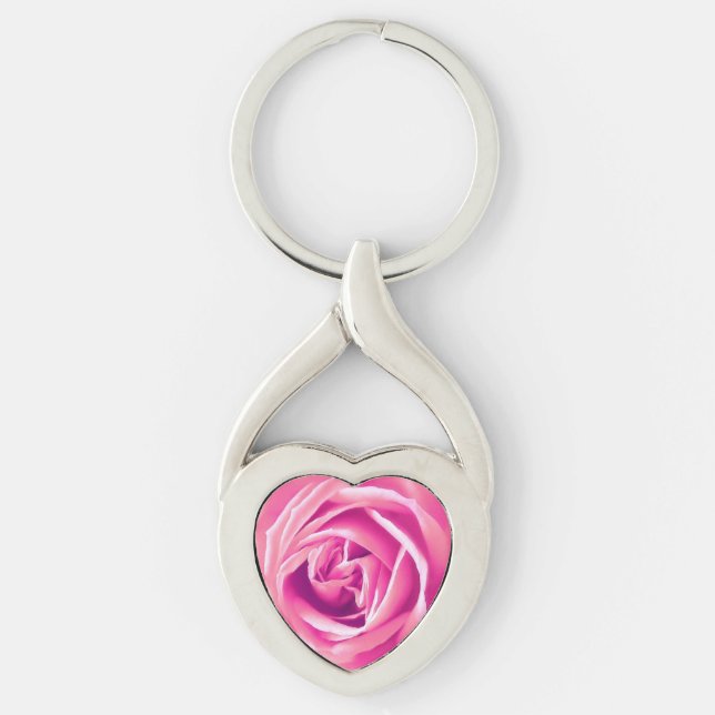 Rosa ros tryck twisted heart silverfärgad nyckelring (Framsidan)