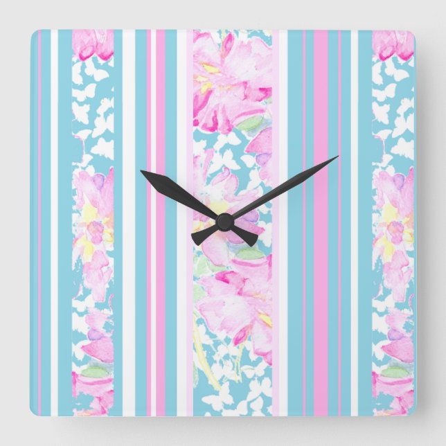 Rosa ros, turkos Rand: Square Wall Clock Fyrkantig Klocka (Framsida)