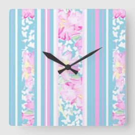 Rosa ros, turkos Rand: Square Wall Clock Fyrkantig Klocka