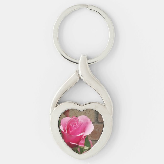 Rosa ros ~ Twisted Hjärtnyckelring Heart Silverfärgad Nyckelring (Framsidan)