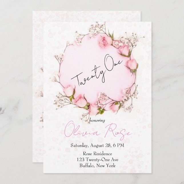 Rosa ros Utandning Chic 21:a födelsedag Party Inbjudningar (Fram/baksida)