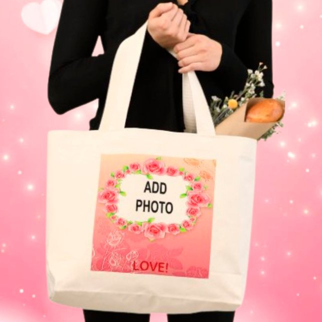 Rosa ros Valentine Lägg till ditt foto Jumbo Tygkasse (Pink Roses Valentine Add Your Photo Large Tote Bag)