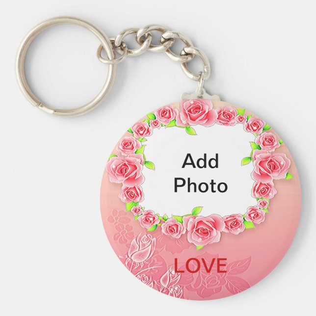 Rosa ros Valentine Lägg till ditt foto Nyckelring (Framsidan)