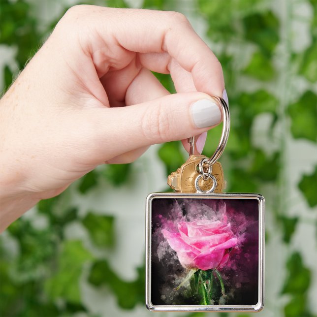Rosa ros - vattenfärg - bb fyrkantig silverfärgad nyckelring (Skapare uppladdad)