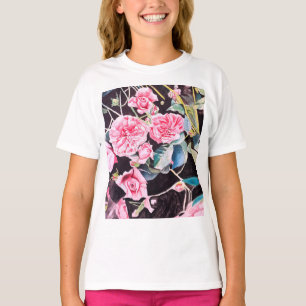 Rosa Ros Vattenfärg Blommor Blommig Målning T Shirt