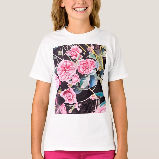 Rosa Ros Vattenfärg Blommor Blommig Målning T Shirt (Framsida)