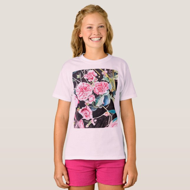 Rosa Ros Vattenfärg Blommor Blommig Målning T Shirt (Hel framsida)
