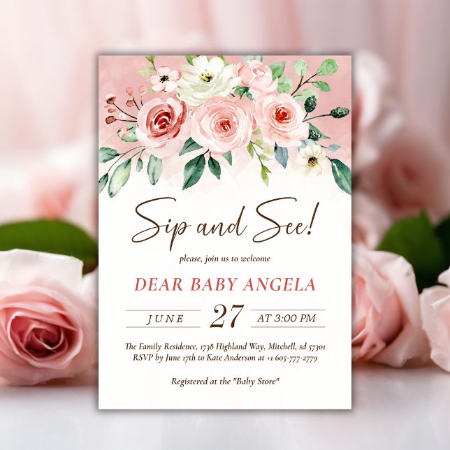  Rosa ros-vattenfärg Det är en liten flicka och se Inbjudningar (Blush Pink Rose Watercolor It's A Girl Sip and See Invitation!)