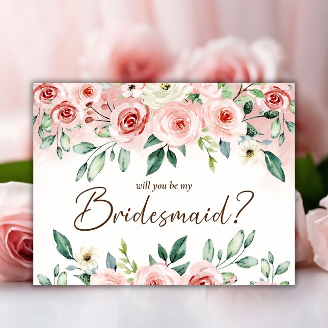  Rosa ros-vattenfärgen blir min Möhippa i Bridesma Inbjudningar (Blush Pink Rose Watercolor Be My Bridesmaid Bridal Invitation)