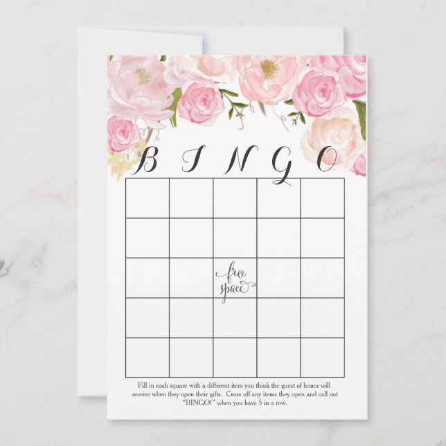 rosa ros vattenfärgsblommor Shower Bingo Cards (Framsida)