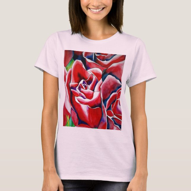 Rosa ros vattenfärgsmålning tee shirt (Framsida)