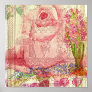 Rosa ros Victorian Watercolor FlowersCollage Poster