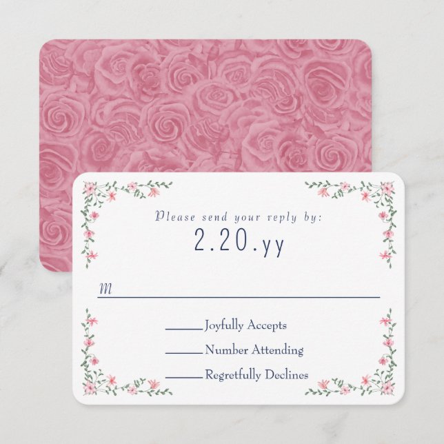 Rosa Ros Vin Borders Bröllop RSVP-kort OSA Kort (Fram/baksida)