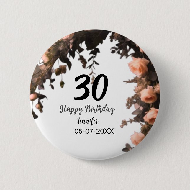 Rosa ros vintage blomma modern 30års födelsedag knapp (Framsida)