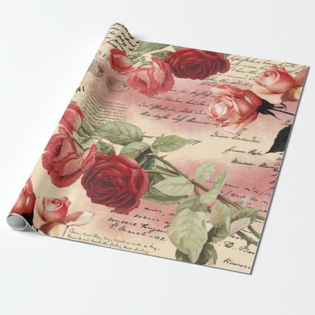 Rosa ros Vintage Ephemera Wrapping Papper Presentpapper (Utrullad)