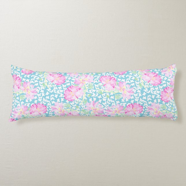 Rosa ros Vita fjärilar, blå häftklump Kroppskudde (Framsidan)