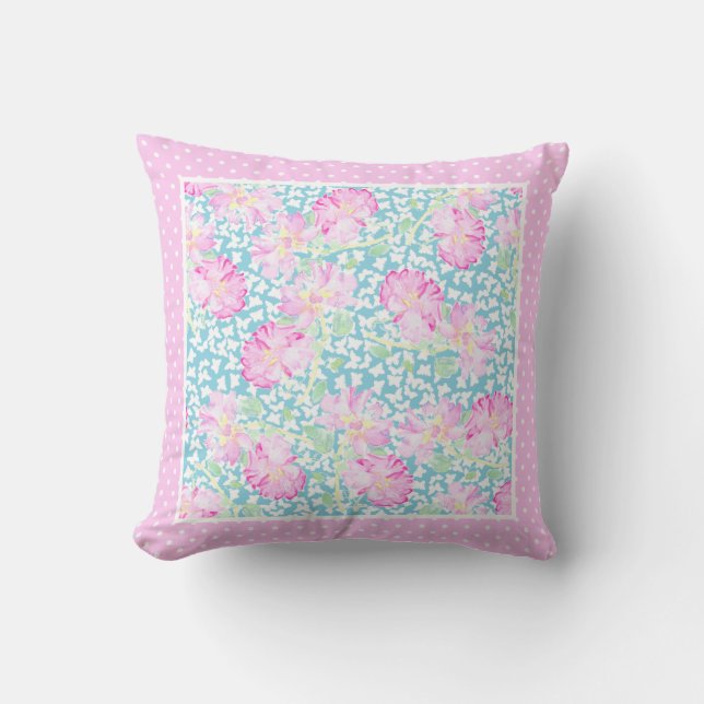 Rosa ros, vita fjärilar på Blue, Polka dots Kudde (Framsida)