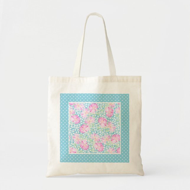 Rosa ros, vita fjärilar, Polka dots Tote Bag Tygkasse (Framsidan)