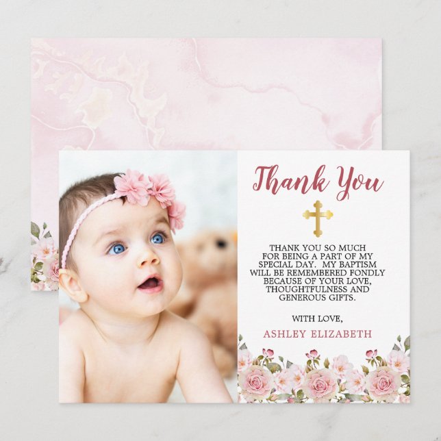 Rosa ros Watercolor Blommigt Baptism Tack (Fram/baksida)