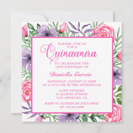 Rosa ros Watercolor Blommigt Modern Quinceañera Inbjudningar