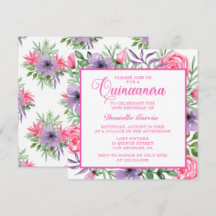 Rosa ros Watercolor Blommigt Modern Quinceañera Inbjudningar