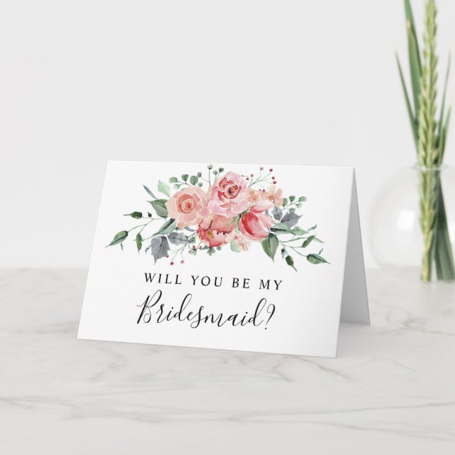 Rosa ros Watercolor Bridesmaid Chic Flowers Kort (Framsida)