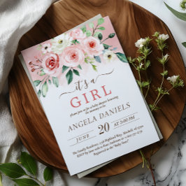 Rosa ros Watercolor Girl Baby Shower Inbjudningar