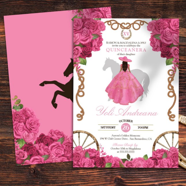 Rosa ros Western Charro Quinceanera Inbjudningar (Skapare uppladdad)