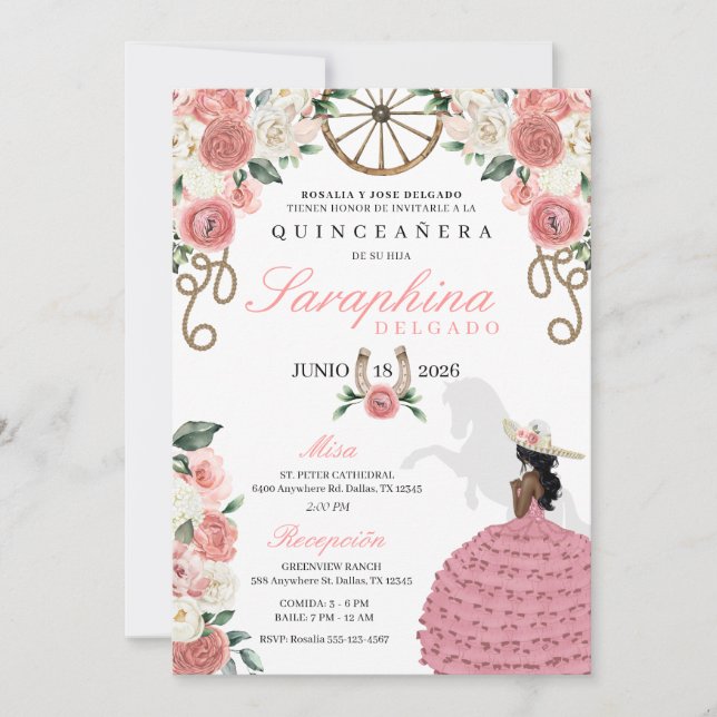 Rosa ros Western Mariachi Cowgirl Quinceañera Inbjudningar (Framsida)