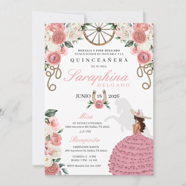 Rosa ros Western Mariachi Cowgirl Quinceañera Inbjudningar (Framsida)