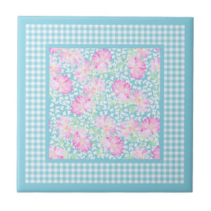 Rosa ros White Butterflies Gingham Ceramic Tile Kakelplatta