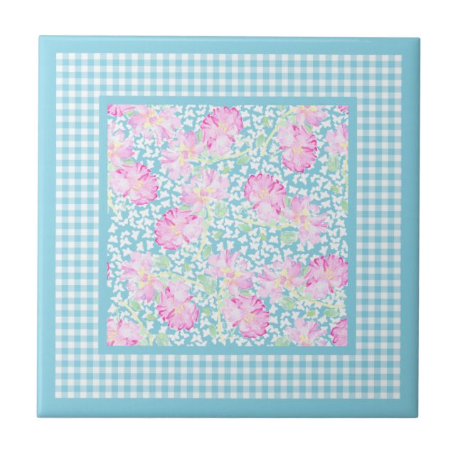 Rosa ros White Butterflies Gingham Ceramic Tile Kakelplatta (Framsidan)