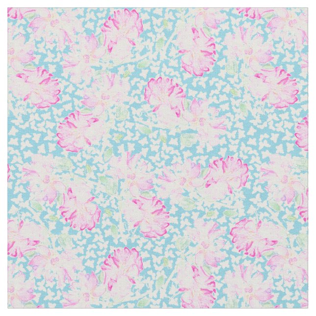 Rosa ros White Butterflies på Himlar Blue Fabric Tyg (Närbild)