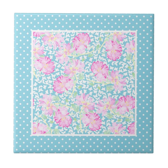 Rosa ros White Butterflies Polkas Ceramic Tile Kakelplatta (Framsidan)
