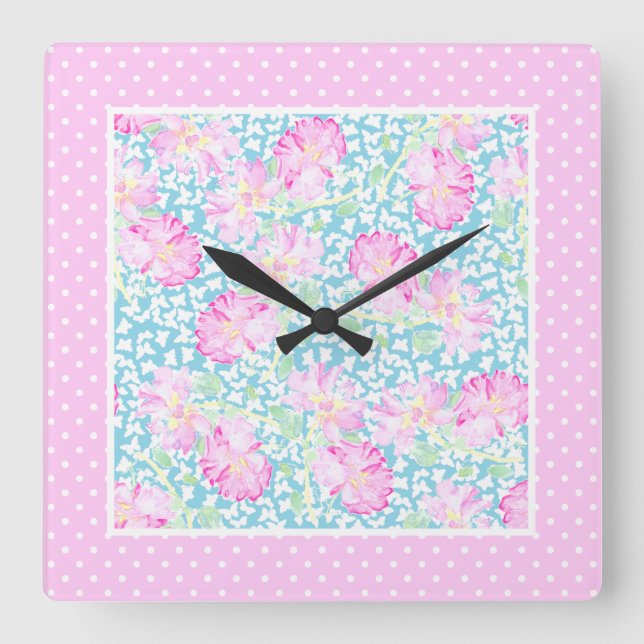 Rosa ros White Butterflies Polkas Wall Clock Fyrkantig Klocka (Framsida)