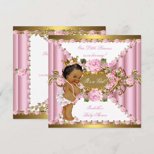 Rosa ros White Guld Princess Baby Shower Ethnic Inbjudningar (Fram/baksida)