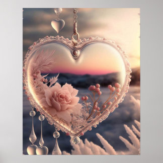 Rosa ros Winter Scene Glass Heart Poster