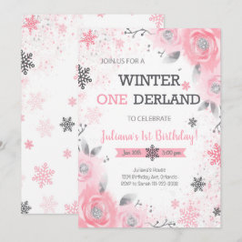 Rosa ros Winter Wonderland 1:a födelsedagen Inbjud Inbjudningar